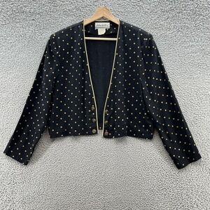 VTG 80s Joan Walters Top Womens 12 Black Gold Polka Dot Open Blazer Topper